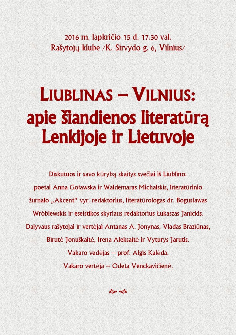 Lietuvių – lenkų skaitymai Rašytojų klube lapkričio 15 d.